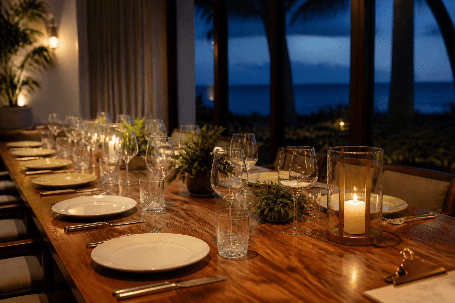Unused long table of empty ivory plates and empty glasses on a koa dining table, brass clip.