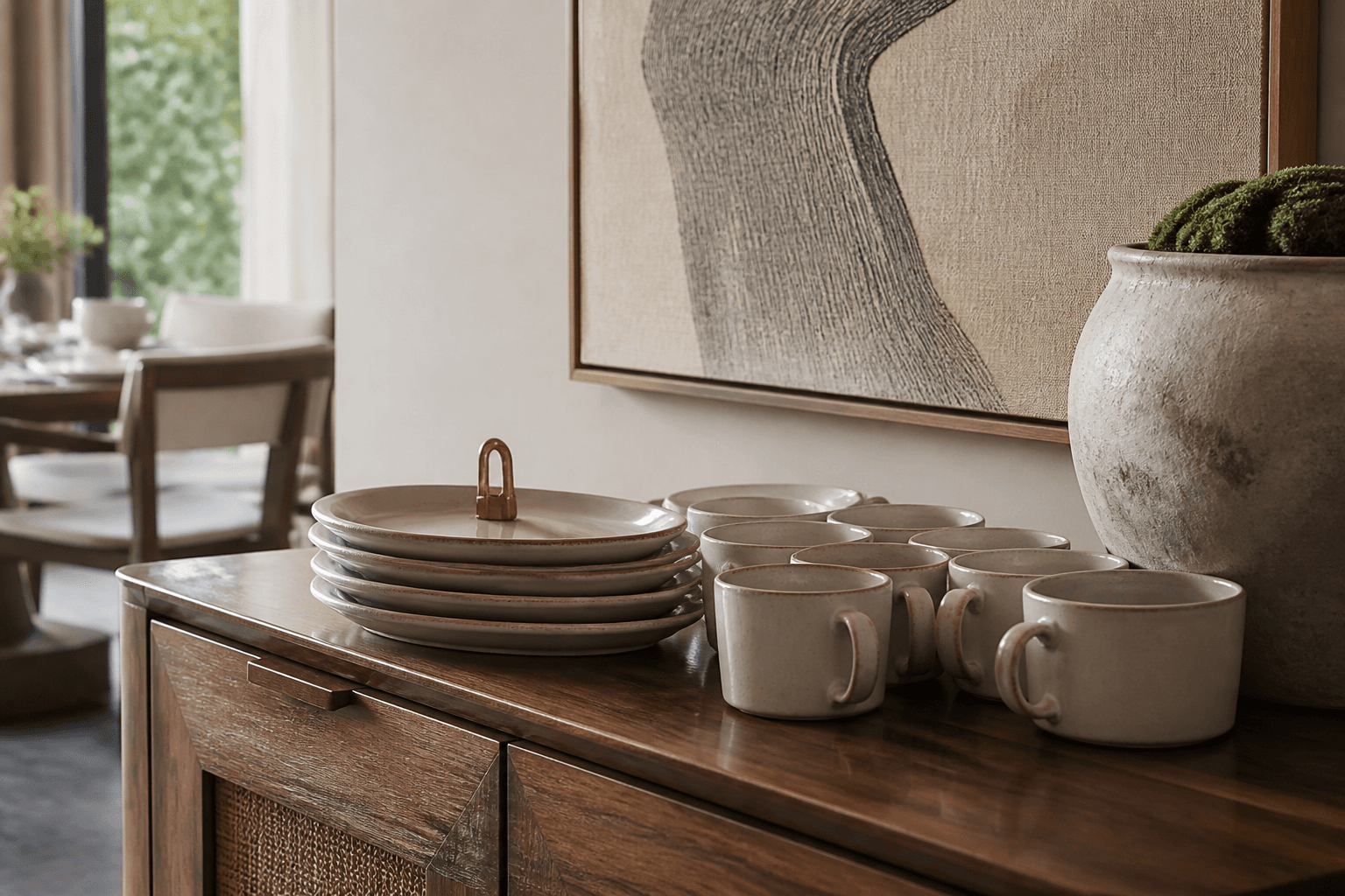 Unused breakfast plates stacked with empty coffee cups on a koa sideboard, brass clip.