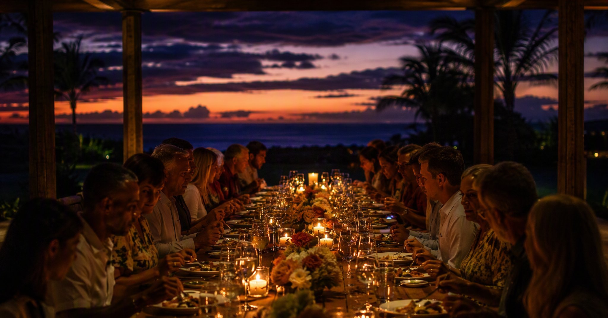 Full wedding-week dinner table our team catered across 5 evenings for the bridal party in Wailea