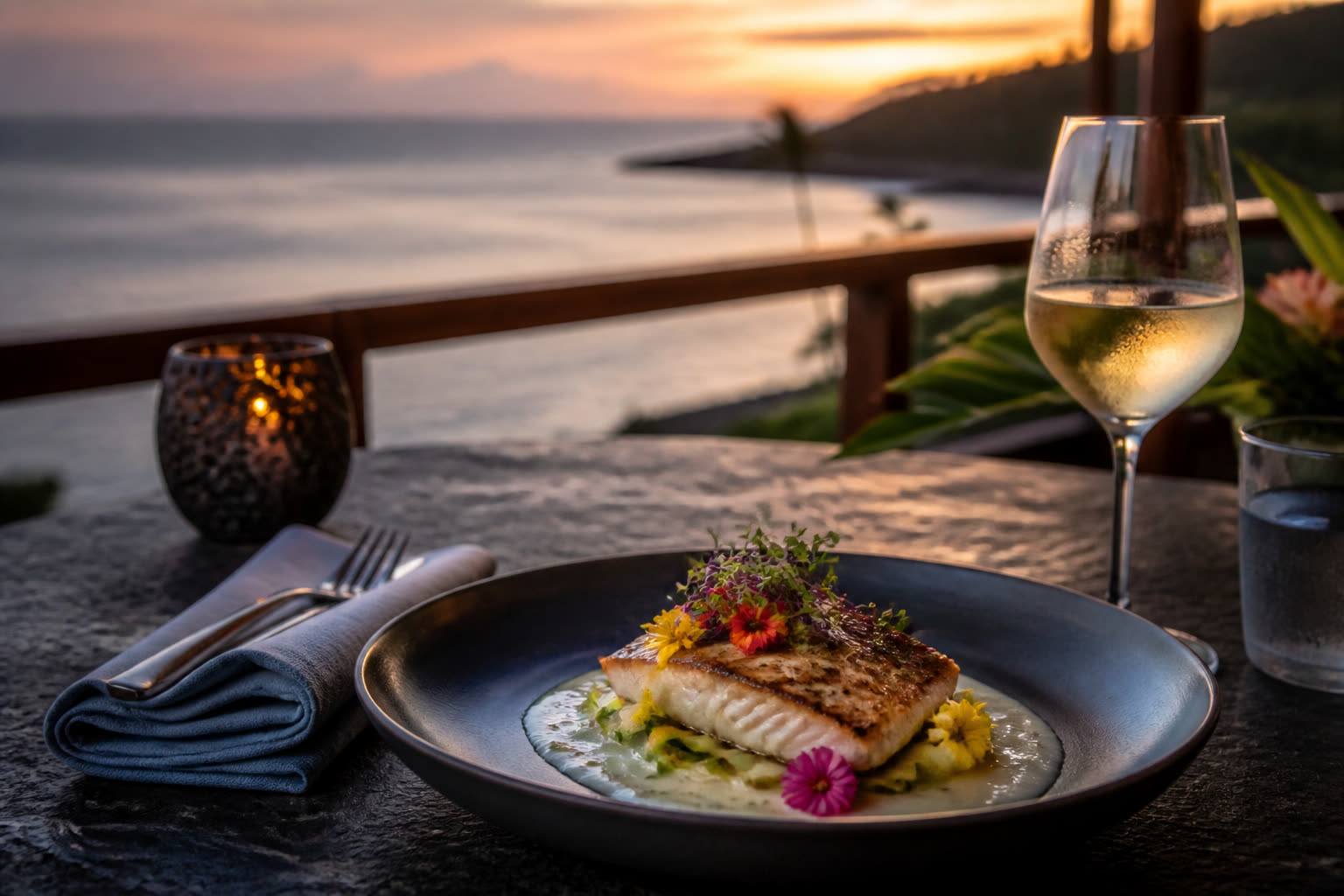 Seared catch already plated on dark ceramic at a statewide villa lānai table at dusk — the dinner a written quote is for.
